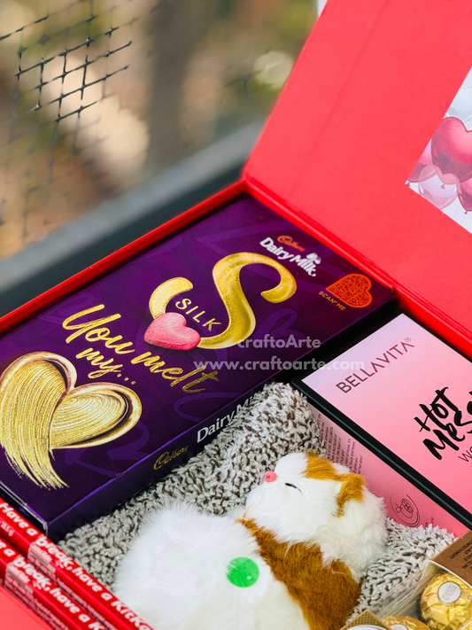 Premium Valentine’s Day Gift Hamper Box with Perfume, Chocolates & Soft Plush Toy