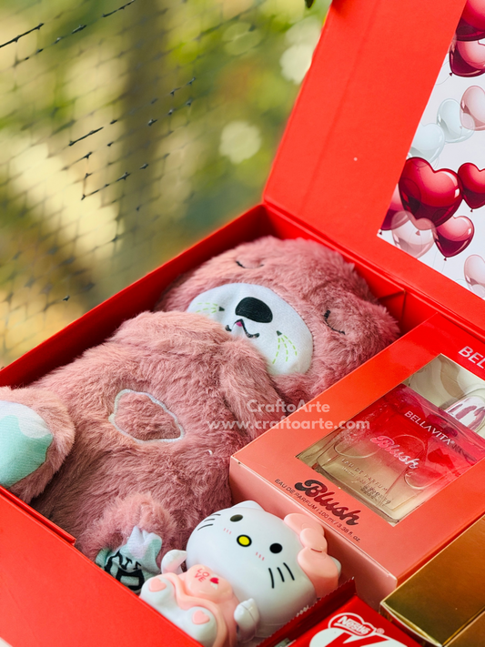 Cute Valentine’s Day Teddy Gift Hamper Box with Perfume, Chocolates & Mini Toy