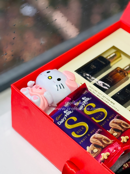 Valentine’s Day Luxury Gift Hamper Box with Bella Vita Perfume Set, Dairy Milk Silk & Rose Bouquet