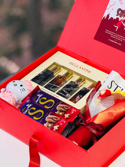 ബെല്ല വീറ്റ പെർഫ്യൂം സെറ്റ്, ഡയറി മിൽക്ക് സിൽക്ക് &amp; റോസ് ബൊക്കെ എന്നിവയുള്ള വാലന്റൈൻസ് ഡേ ലക്ഷ്വറി ഗിഫ്റ്റ് ഹാംപർ ബോക്സ്