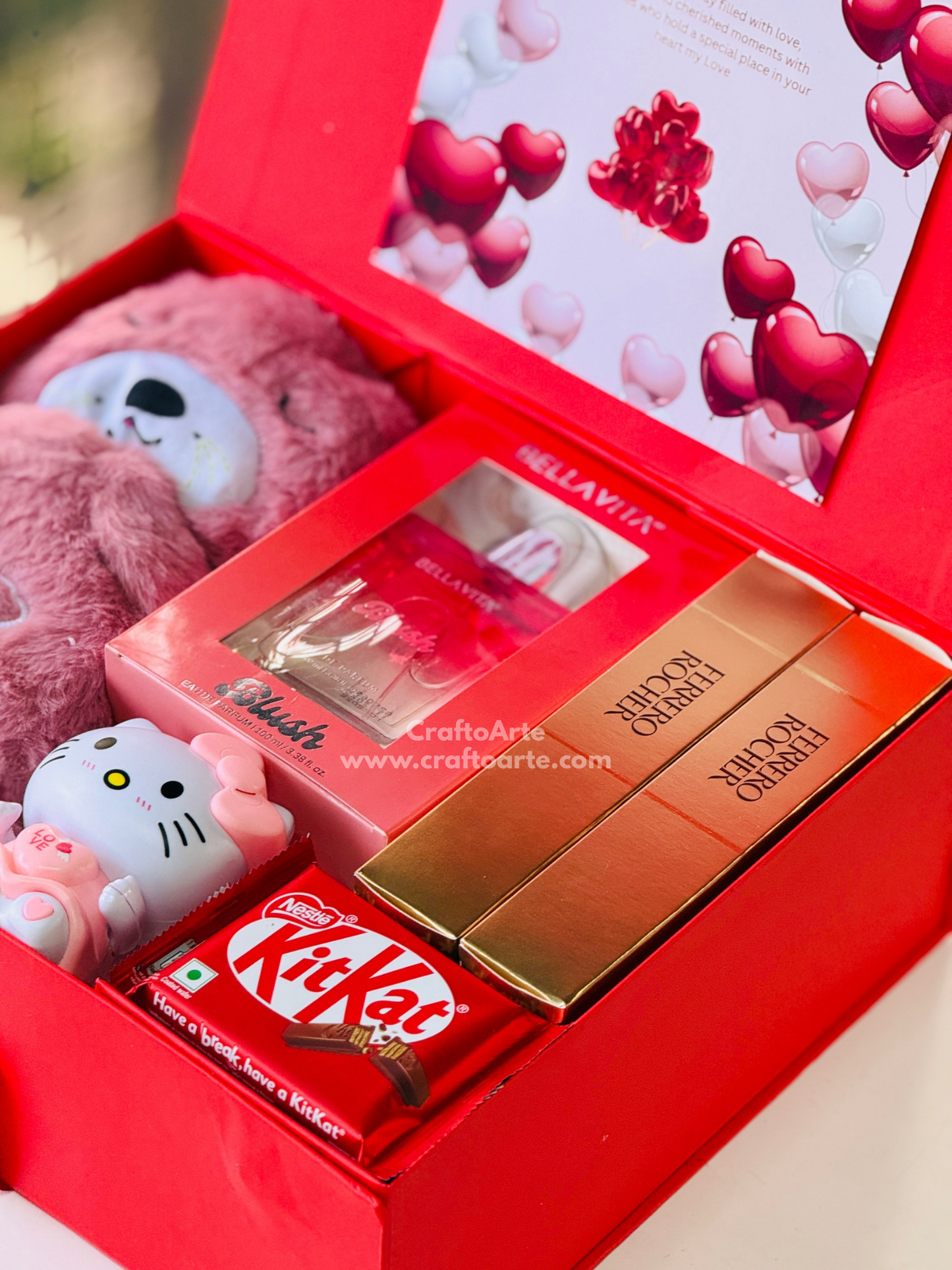 Cute Valentine’s Day Teddy Gift Hamper Box with Perfume, Chocolates & Mini Toy