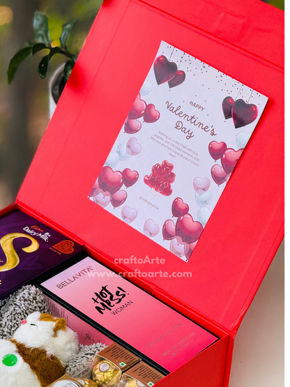 Premium Valentine’s Day Gift Hamper Box with Perfume, Chocolates & Soft Plush Toy