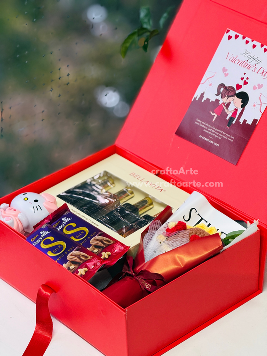 Valentine’s Day Luxury Gift Hamper Box with Bella Vita Perfume Set, Dairy Milk Silk & Rose Bouquet