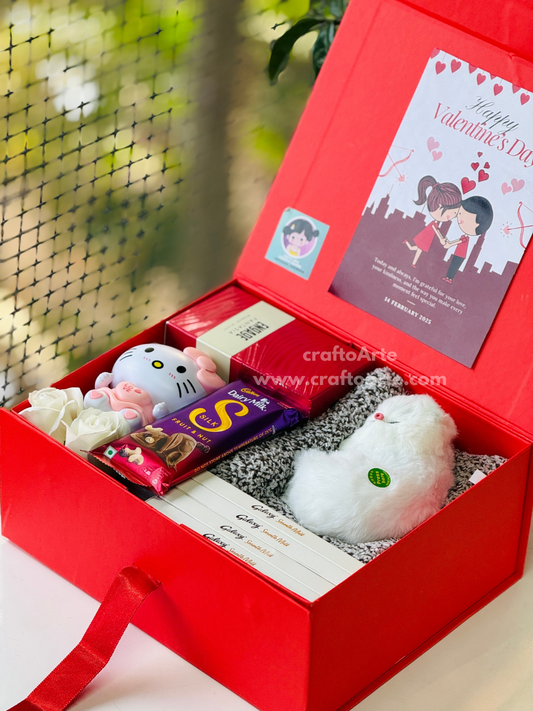 Valentine’s Day Cute Surprise Gift Hamper Box with Chocolates, Soft Teddy, Greeting Card & Mini Toy