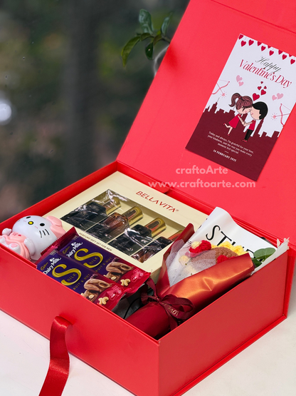 ബെല്ല വീറ്റ പെർഫ്യൂം സെറ്റ്, ഡയറി മിൽക്ക് സിൽക്ക് &amp; റോസ് ബൊക്കെ എന്നിവയുള്ള വാലന്റൈൻസ് ഡേ ലക്ഷ്വറി ഗിഫ്റ്റ് ഹാംപർ ബോക്സ്