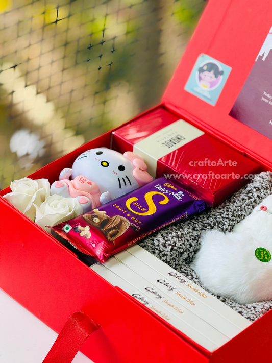 Valentine’s Day Cute Surprise Gift Hamper Box with Chocolates, Soft Teddy, Greeting Card & Mini Toy