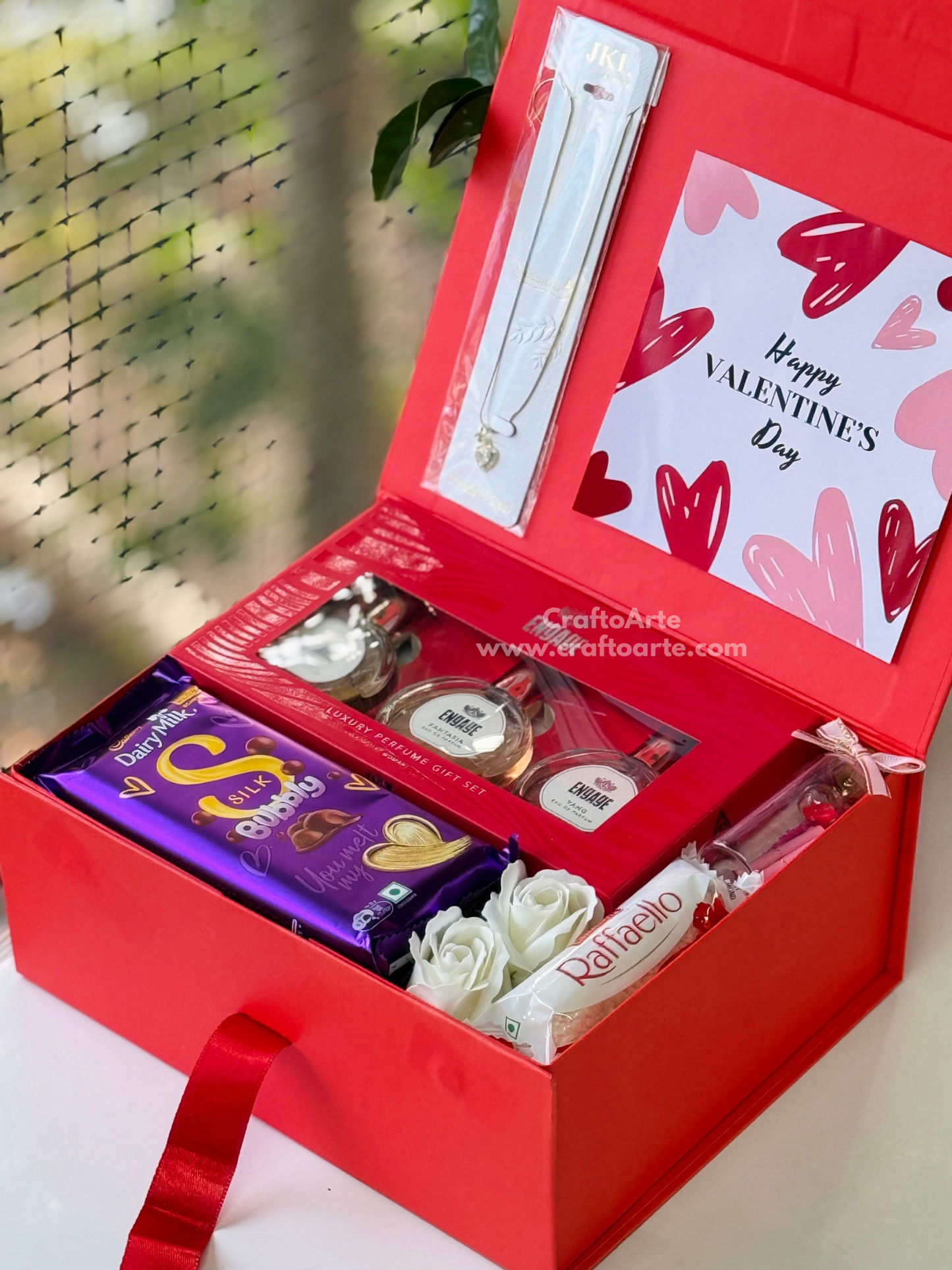 Valentine’s Day Premium Gift Hamper Box with Perfume Set, Necklace, Chocolates & Roses