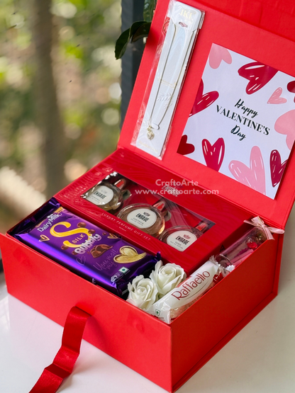 Valentine’s Day Premium Gift Hamper Box with Perfume Set, Necklace, Chocolates & Roses