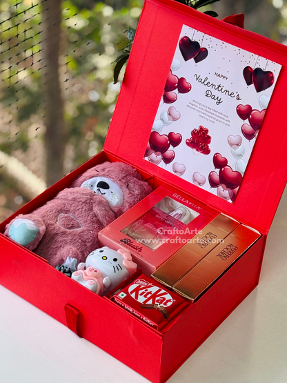 Cute Valentine’s Day Teddy Gift Hamper Box with Perfume, Chocolates & Mini Toy