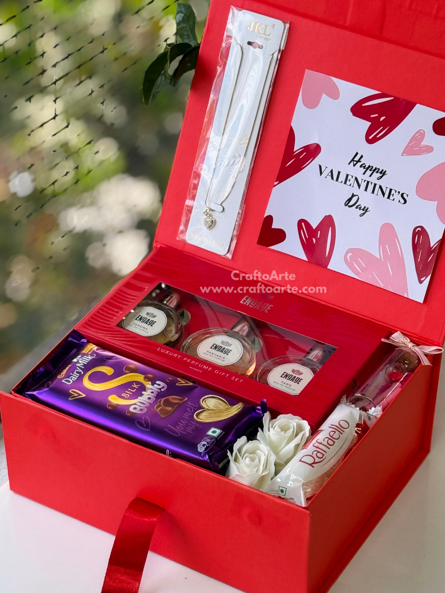 Valentine’s Day Premium Gift Hamper Box with Perfume Set, Necklace, Chocolates & Roses