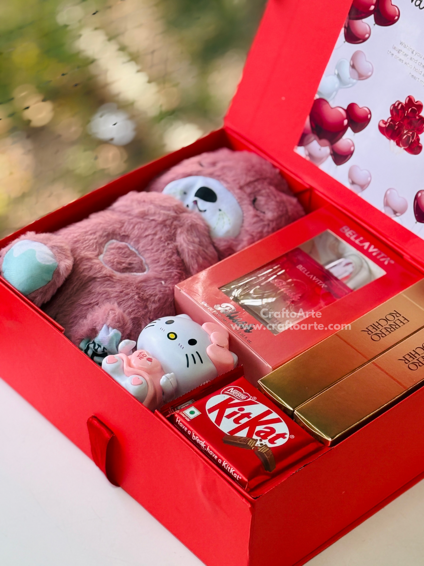 Cute Valentine’s Day Teddy Gift Hamper Box with Perfume, Chocolates & Mini Toy