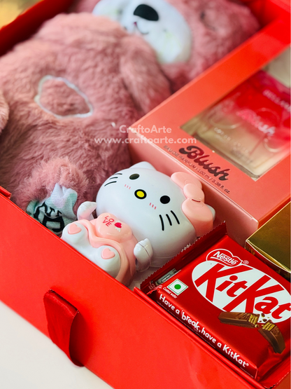 Cute Valentine’s Day Teddy Gift Hamper Box with Perfume, Chocolates & Mini Toy