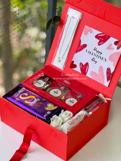 Valentine’s Day Premium Gift Hamper Box with Perfume Set, Necklace, Chocolates & Roses