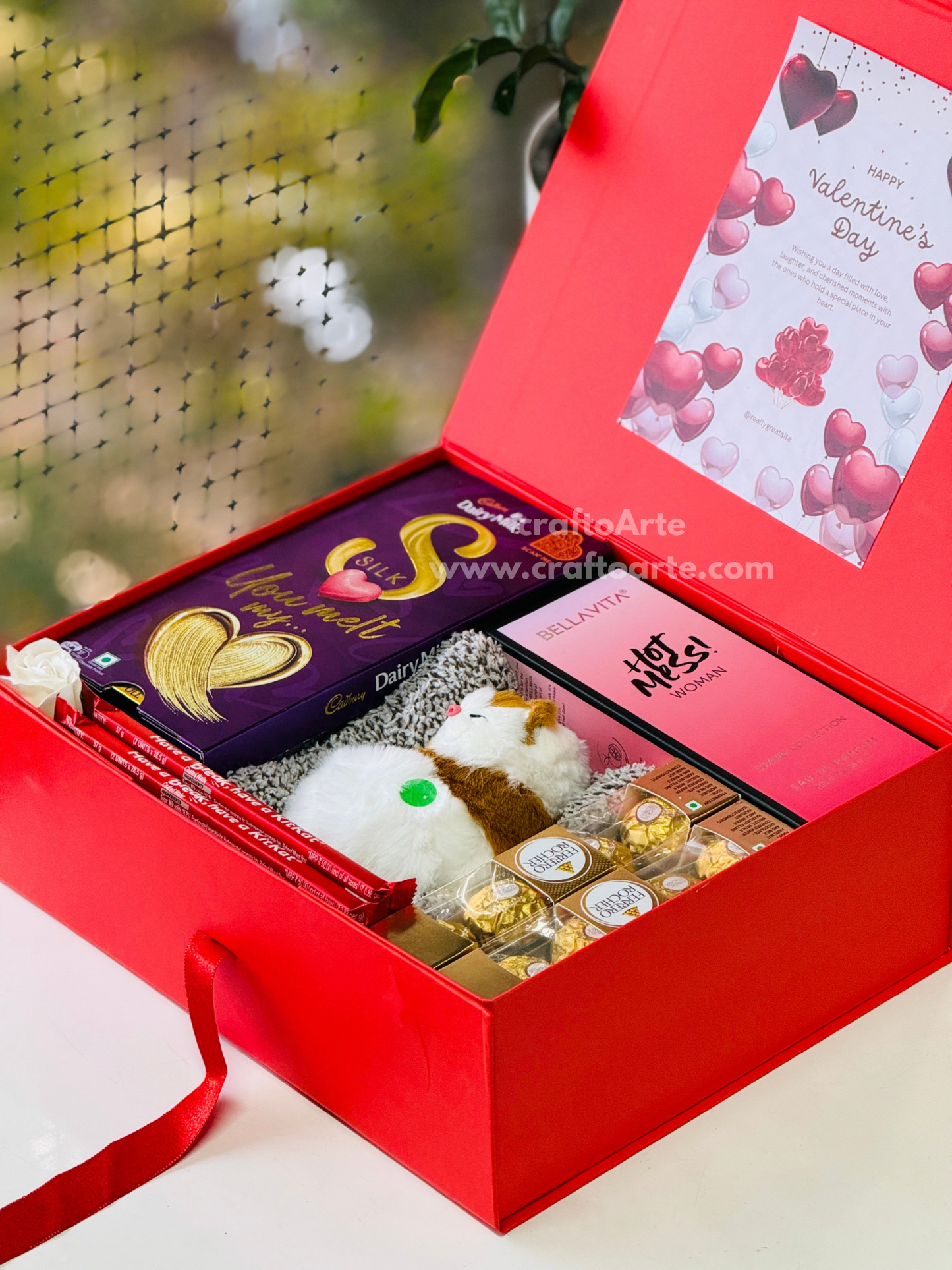 Premium Valentine’s Day Gift Hamper Box with Perfume, Chocolates & Soft Plush Toy