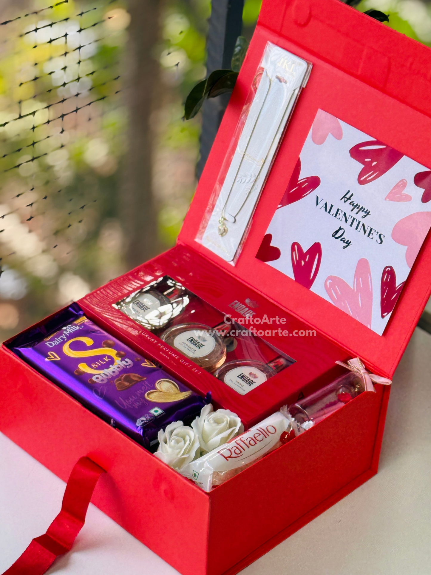 Valentine’s Day Premium Gift Hamper Box with Perfume Set, Necklace, Chocolates & Roses
