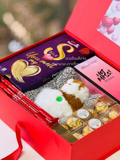 Premium Valentine’s Day Gift Hamper Box with Perfume, Chocolates & Soft Plush Toy
