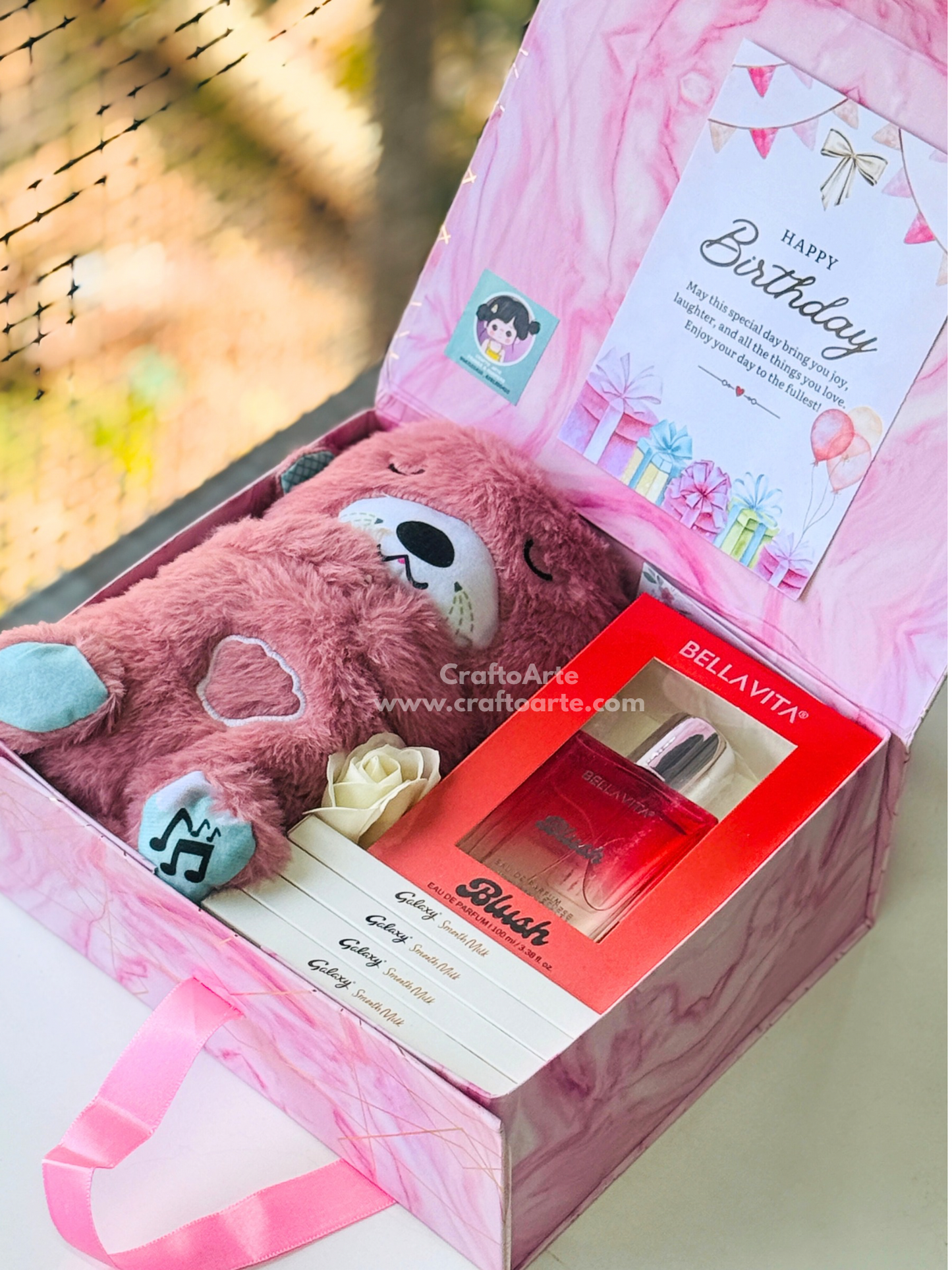 Birthday Gift Hamper for Girlfriend – Cute BreathingTeddy & Perfume Surprise Box-04